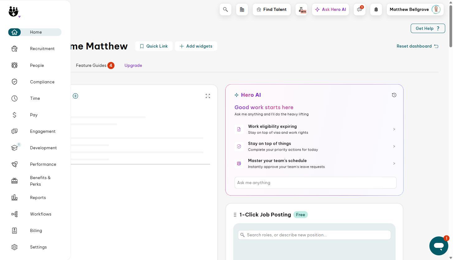 Employment Hero home dashboard